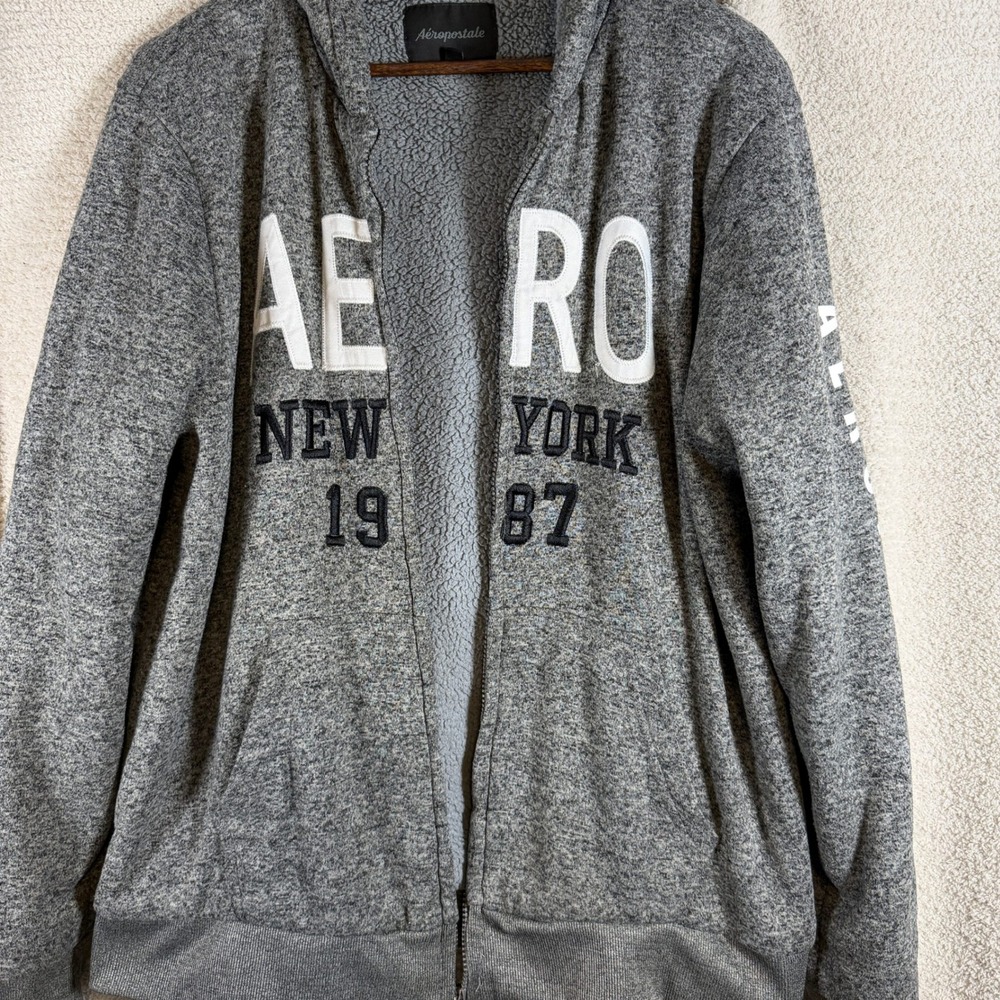 Aeropostale Mens Gray Sherpa Lined Full Zip Graphic Hoodie XL Aero NY 1987 Y2K - Picture 2 of 10